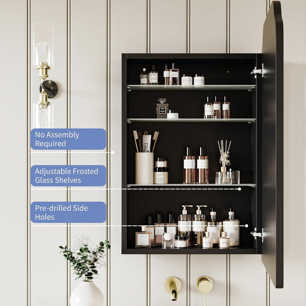 Recessed Medicine Cabinet with Arched Mirror, Overall 17.5"x29" | Bathroom Wood Black Wall Cabinet with Mirror