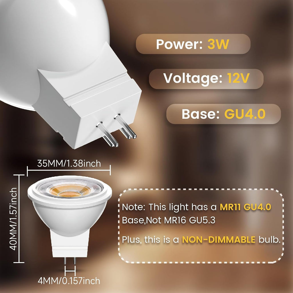 MR11 LED Bulb 3W 12V AC/DC Low Voltage Led Landscape Light Bulbs GU4 Bi-pin Non-Dimmable LED Spotlight Bulb Warm