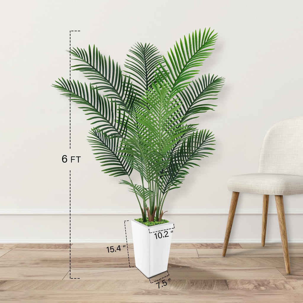 Artificial Palm Tree 6FT, Faux Palm Tree with Tall White Planter, Realistic Leaves & Natural Wood Trunk, Ideal Decor