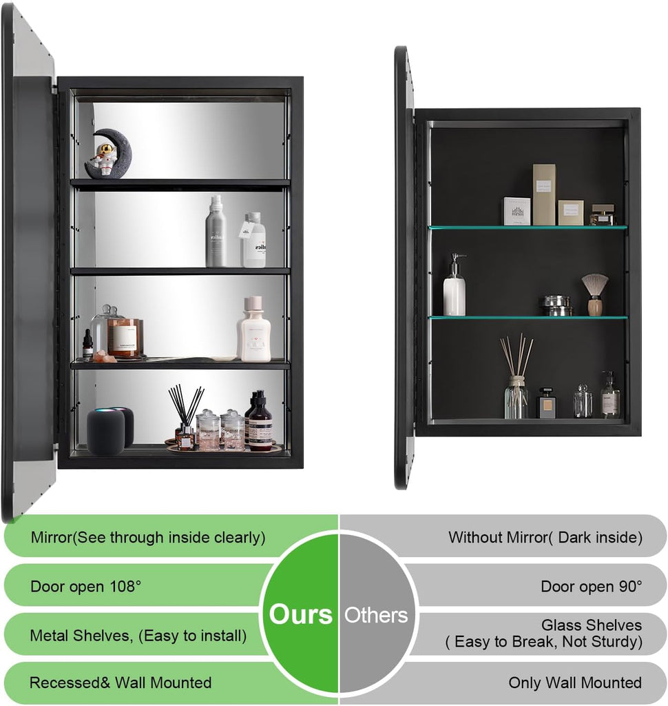 17 x 27 Recessed Medicine Cabinet with Mirror, Surface Mount Black Medicine Cabinet , Stepless Adjustable Shelves