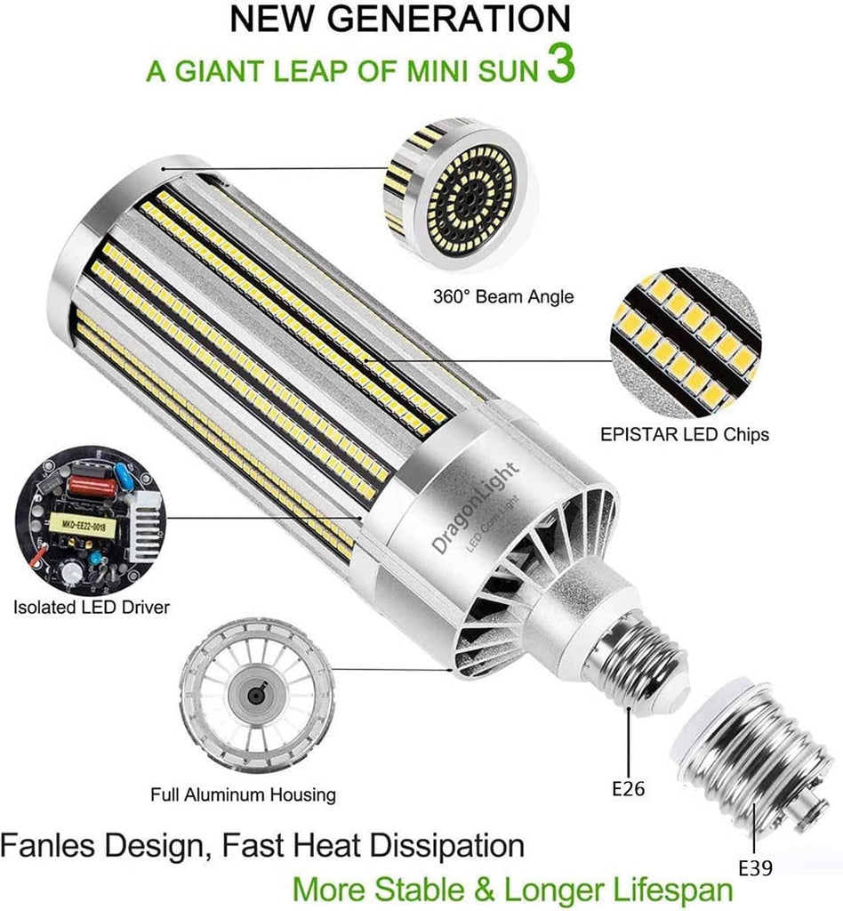 120W Commercial Grade Corn LED Light Bulb Fanless(400 Watt MH/HPS Replacement) E26/E39 Large Mogul Base LED Lamp