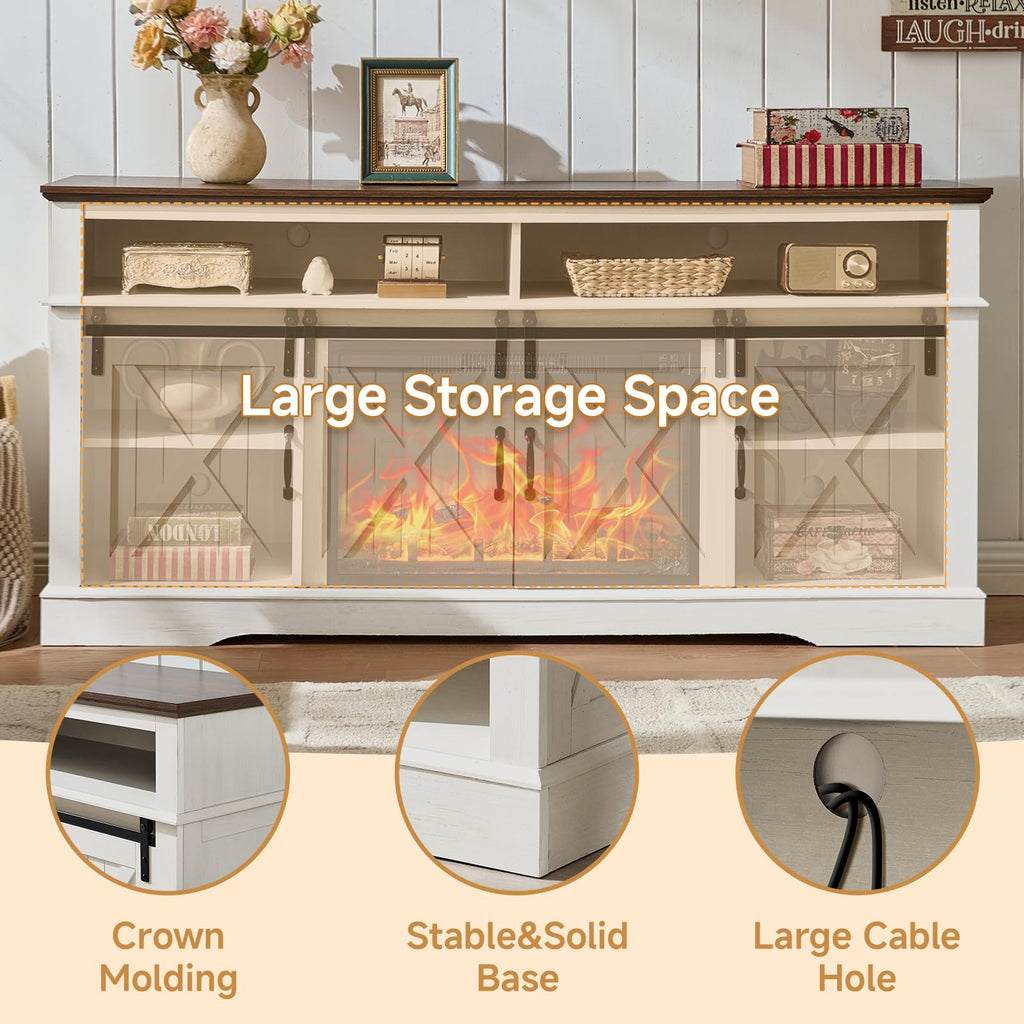 66 Inch Electric Fireplace TV Stand, White Farmhouse Media Console with Sliding Barn Doors, Entertainment Center with