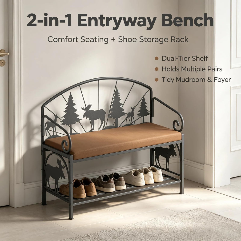 Metal Entryway Storage Bench with Cushion, Rustic Country Style
