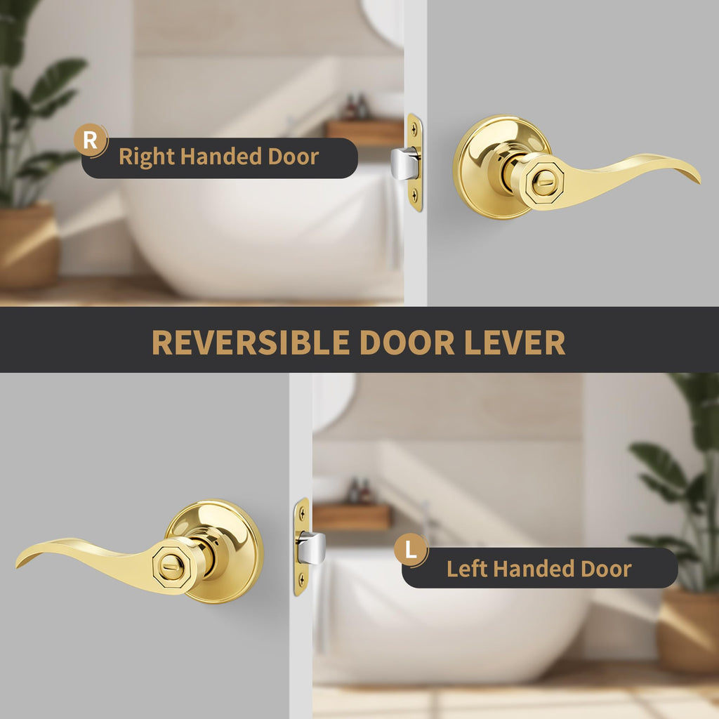 Wave Style Privacy Door Handle with Privacy Lock, Keyless Door Lever /Bedroom in Polished Brass Finish, No Key
