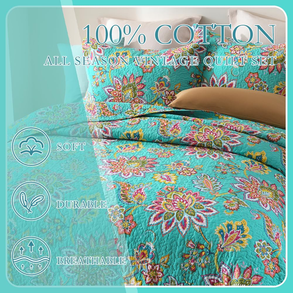 Cotton Bedspread Quilt Bedding Set King Size, 3 Pieces Soft Reversible Coverlet Lightweight Comforters, Vintage