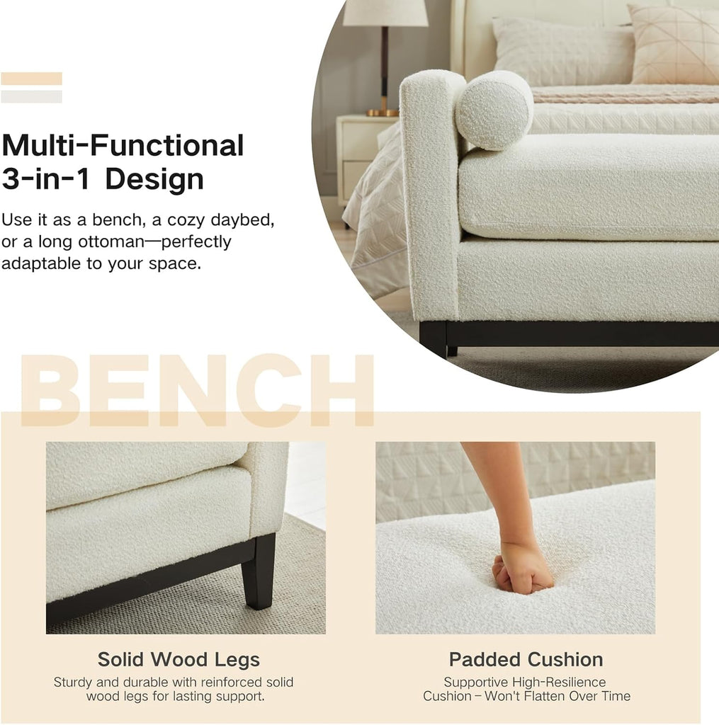66.34" End of Bed King Size Bench Boucle with Black Legs, White. | Entryway Bench Ottoman Upholstered King Size Seat