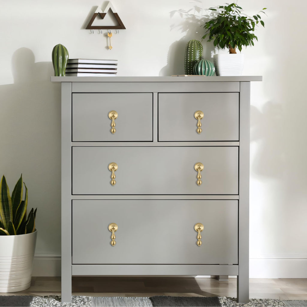 Solid Brass Kitchen Cabinet knobs 6 Pack, Brushed Gold Drop Pulls for Dresser and Drawers, Modern Cupboard Wardrobe