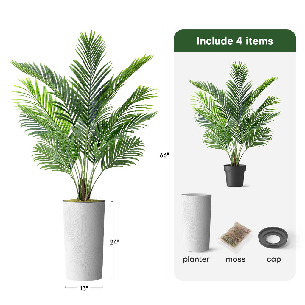 Artificial Tree in White Marble Effect Planter, Fake Areca Tropical Palm Silk Tree for Indoor and Outdoor Home