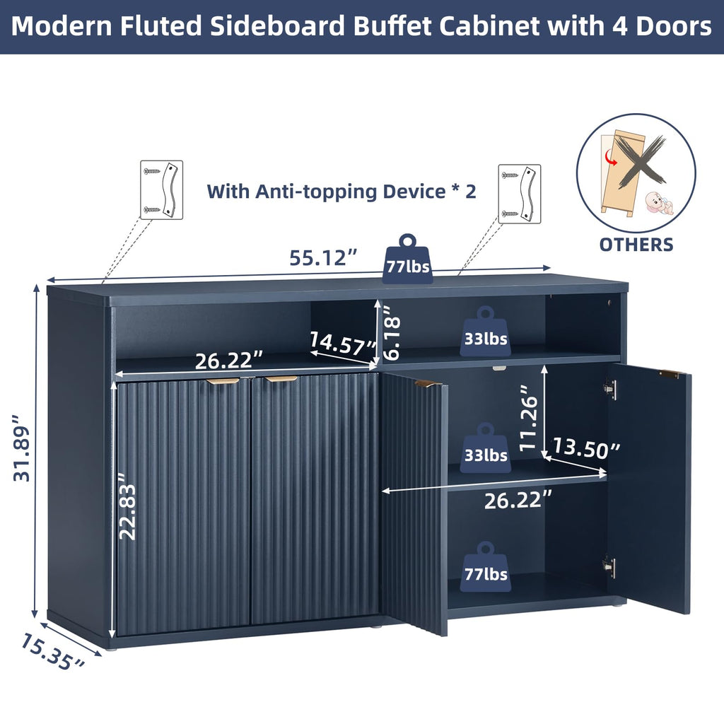 55-Inch Fluted Buffet Cabinet with 4 Doors, Dark Blue