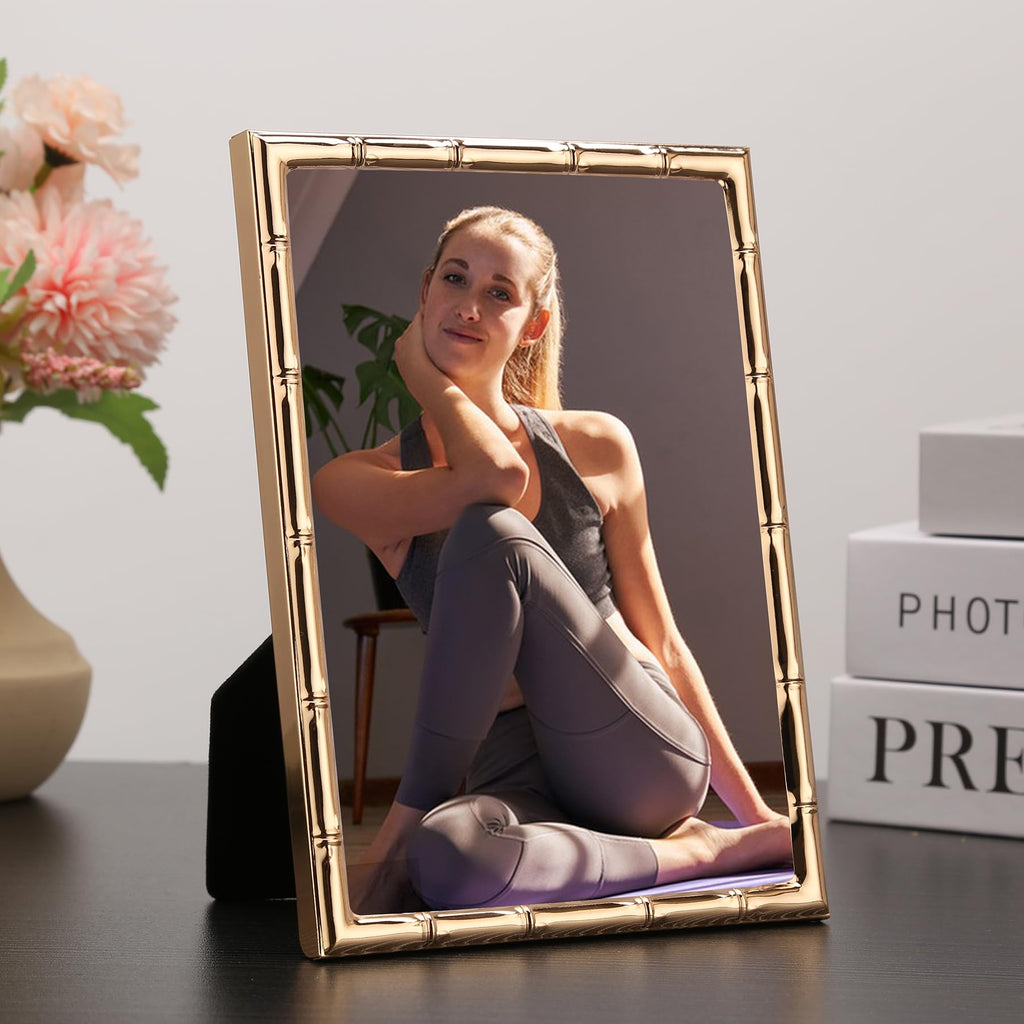 5x7''Bamboo Detail Gold Metal Picture Frame, Elegant Gold Plated wedding Photo Frames 5x7''With Soft Touch Velvet