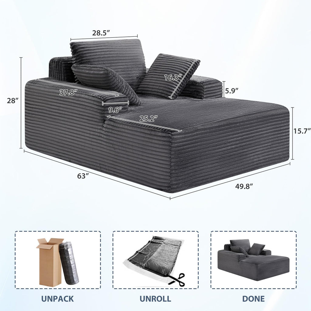 63'' Boneless Chaise Lounge Chair Indoor, Comfy Oversized Chair, Corduroy Upholstered Fluffy Cloud Couch, Deep Seat