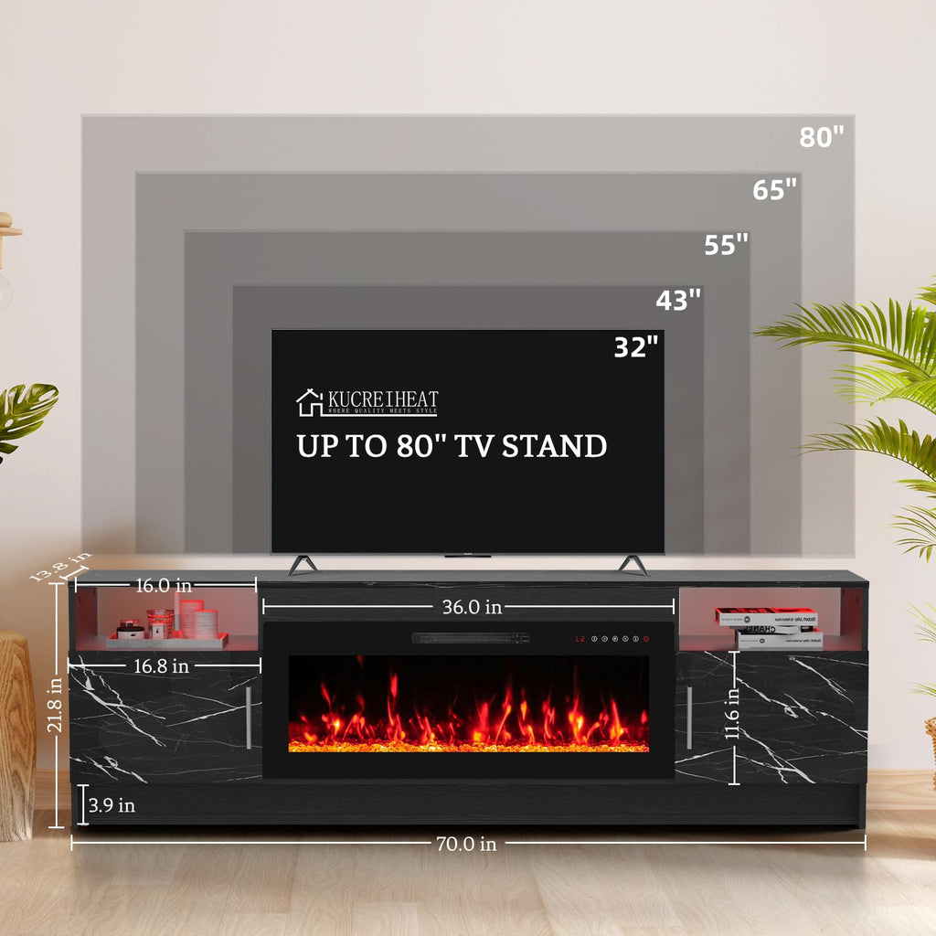 Fireplace TV Stand for 65-80 inch TV, Large Entertainment Center with Fireplace & LED Lights, High Gloss Living Room