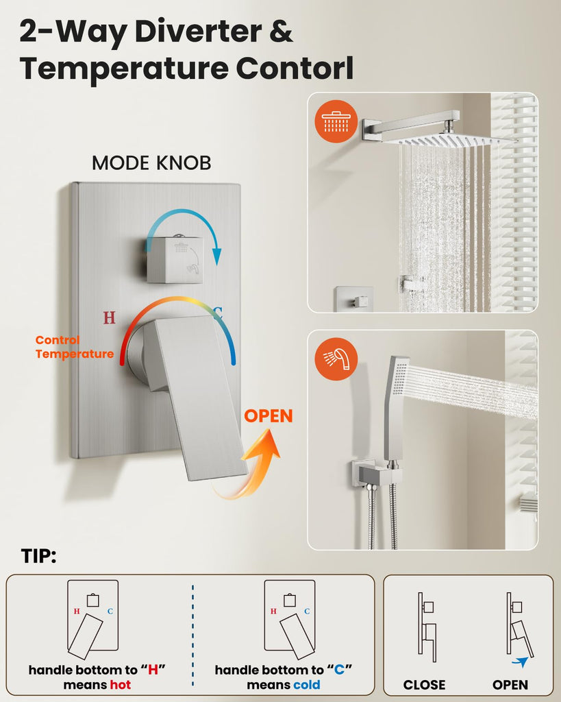 Shower Faucet Set with Handheld Spray Brushed Nickel,10'' Head