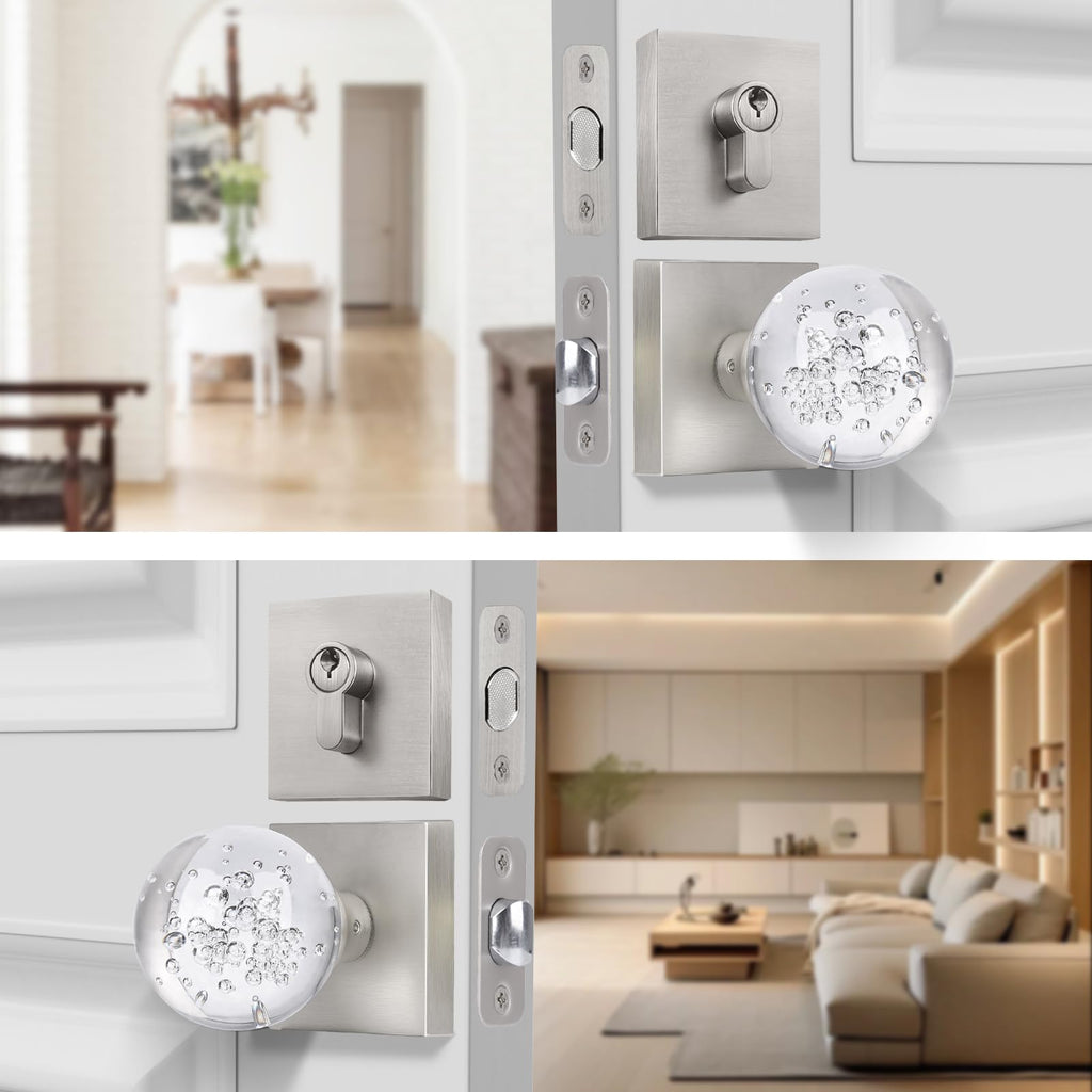 Brushed Nickel Glass Crystal Door Knobs and Deadbolt Set with Key Lock