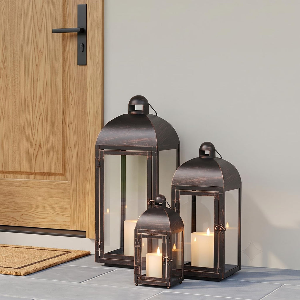 Lanterns Decorative Outdoor & Indoor, Set of 3 Outdoor Lanterns for Porch, 23" Large Candle Lantern, Bronze Metal