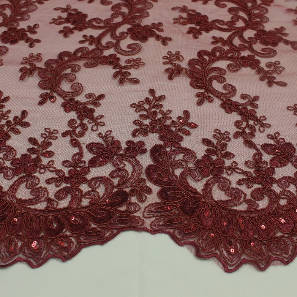 Melody Burgundy Polyester Floral Embroidery with Sequins on Mesh Lace Fabric by the Yard for Gown, Wedding