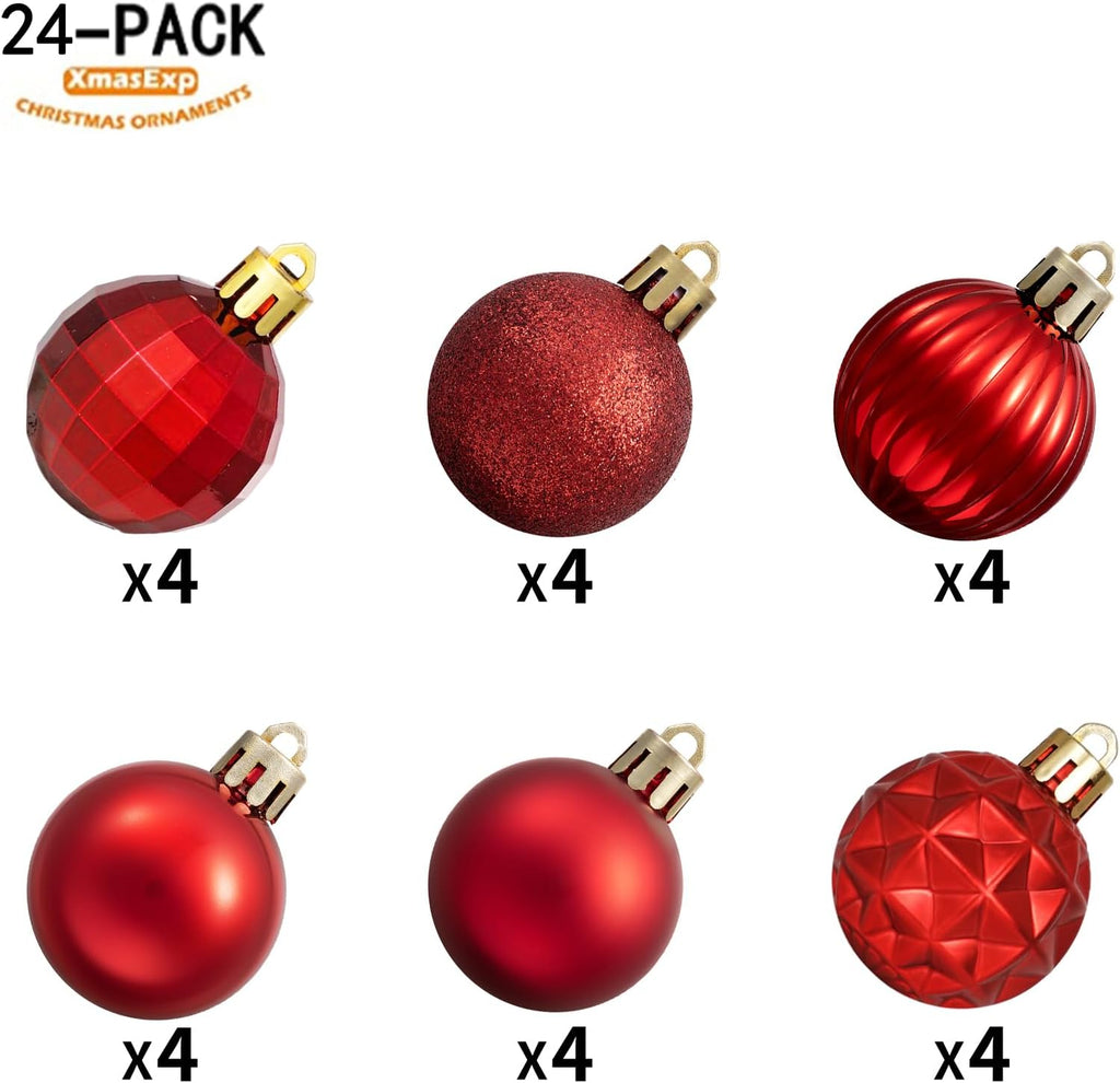 Red Christmas Ornaments for Tree Decorations, Small Shatterproof Christmas Ball Ornaments Set, Perfect Plastic - Set of 24
