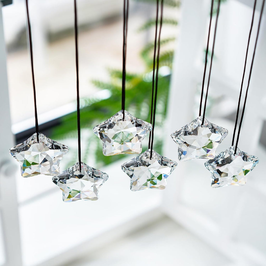 Clear Crystal Star Ornaments Faceted Christmas Hanging Decor - Set of 6