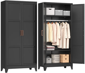 71" H Metal Wardrobe Cabinets with 2 Doors, Large Clothing Storage Cabinets with Hanging Rod and Adjustable Shelves