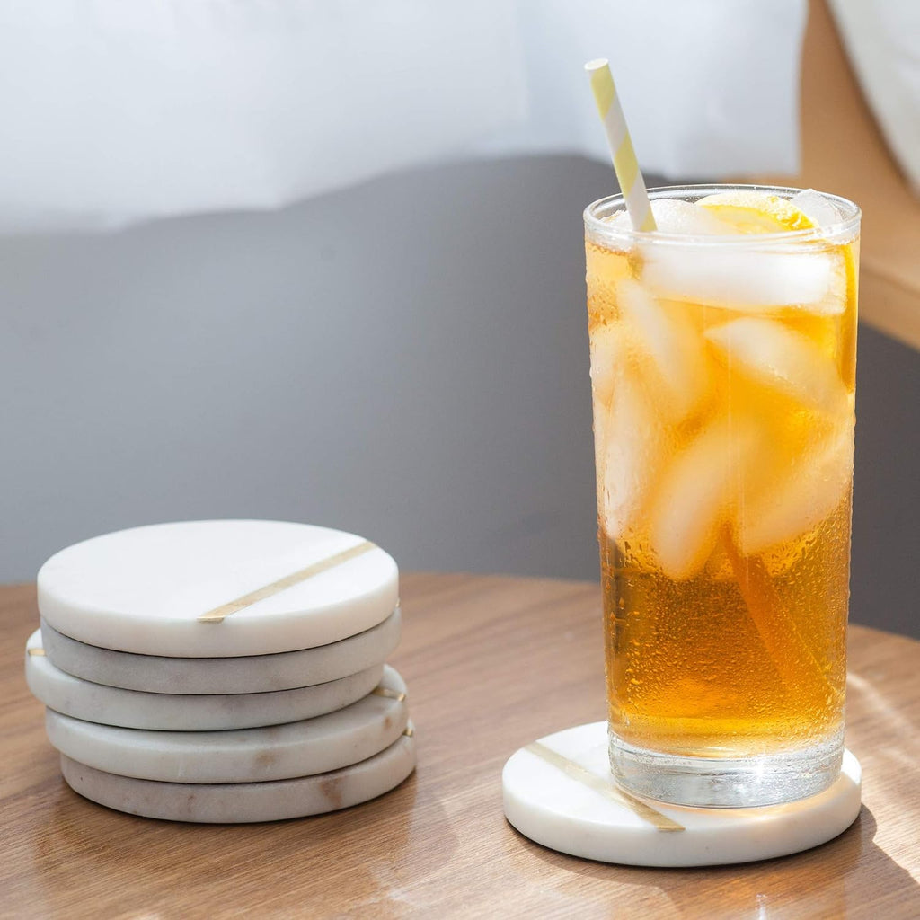 Marble Coasters with Gold Brass Inlay, White - Set of 6