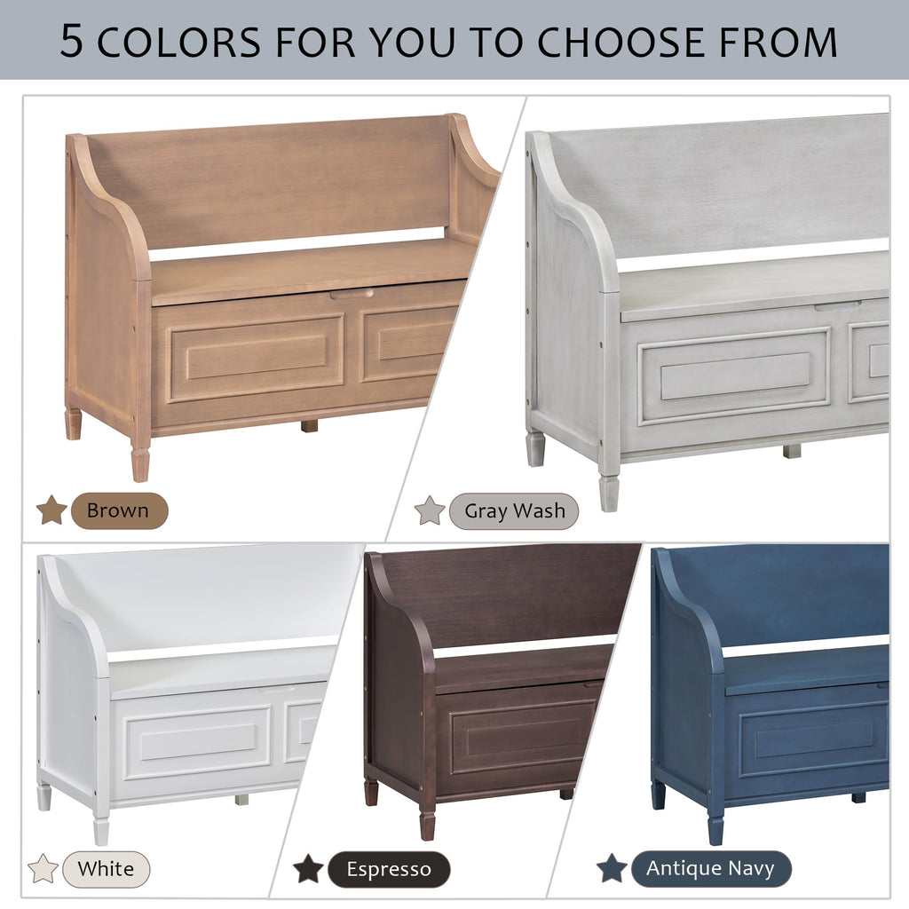 Rustic Style Solid Wood Storage Bench with Safety Hinge, Multifunctional Shoe Bench with Removable Cushion Bedroom