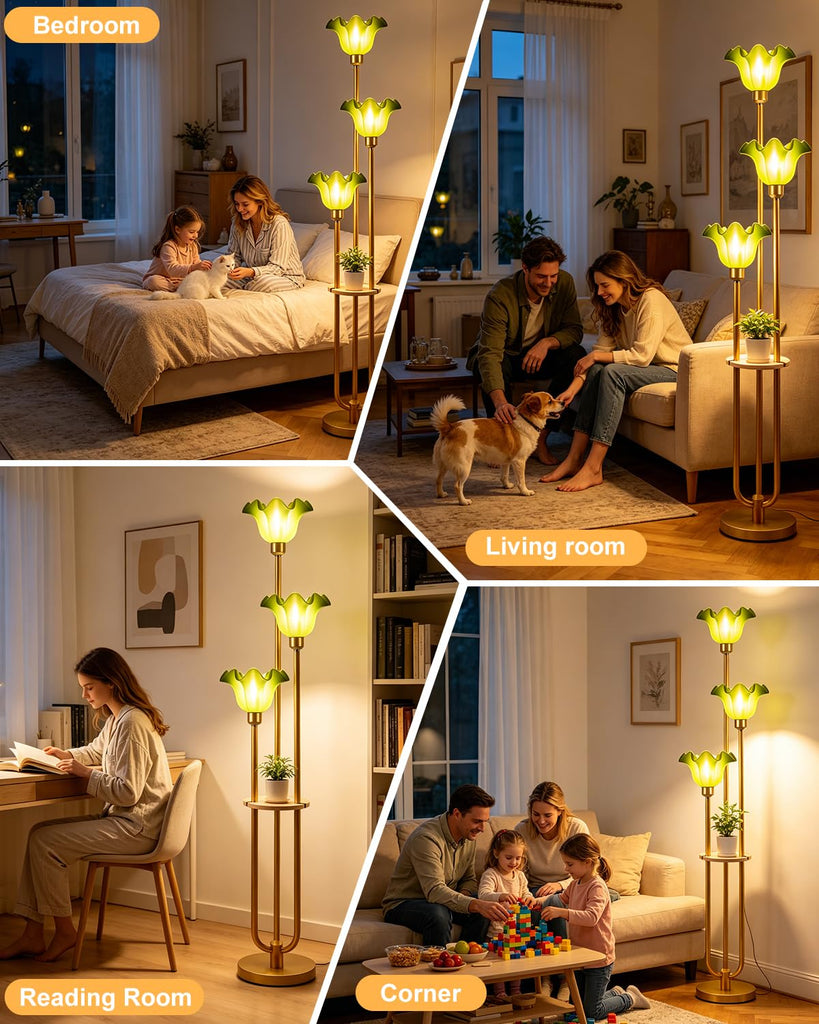 Flower Floor Lamp Vintage Dimmable Floor Lamp with Green Shades 3 Light Mid Century Gold Floral Standing Tall Lamp