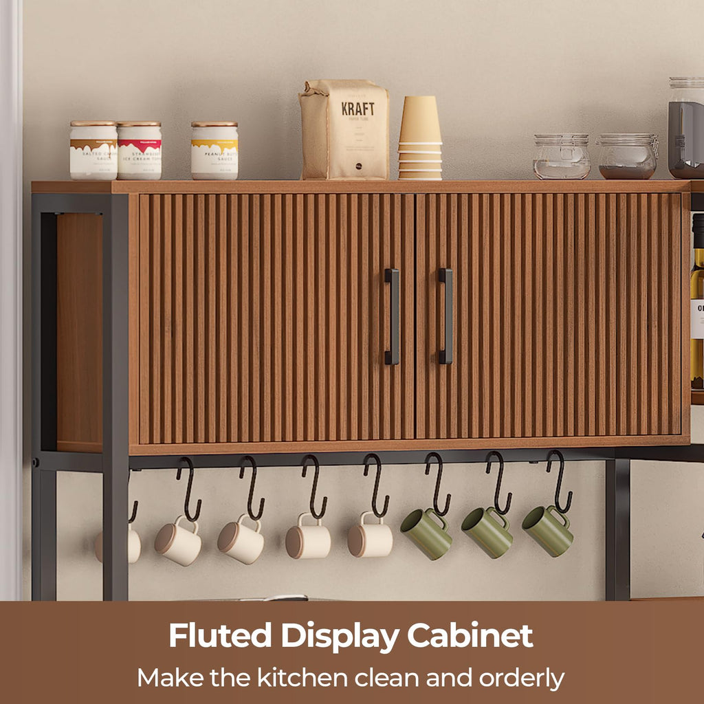 Fluted Bakers Rack with Storage and LED Light, 45.3 Inch Coffee Bar Cabinet, Microwave Stand with Storage, Goblet