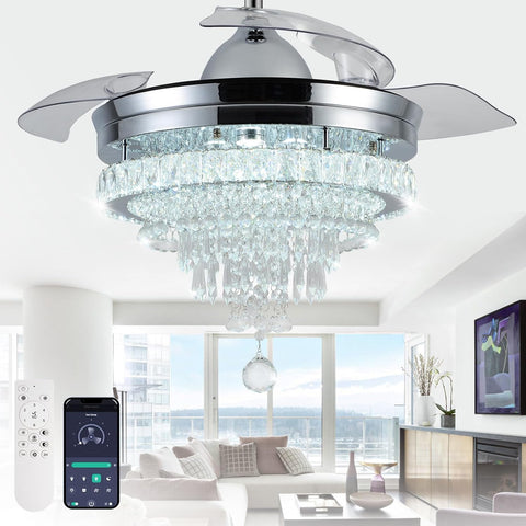 42" Modern Crystal Chandelier Ceiling Fan with Light & Remote,Dimmable LED Fandelier ,3 Color Temperatures,6 Speeds
