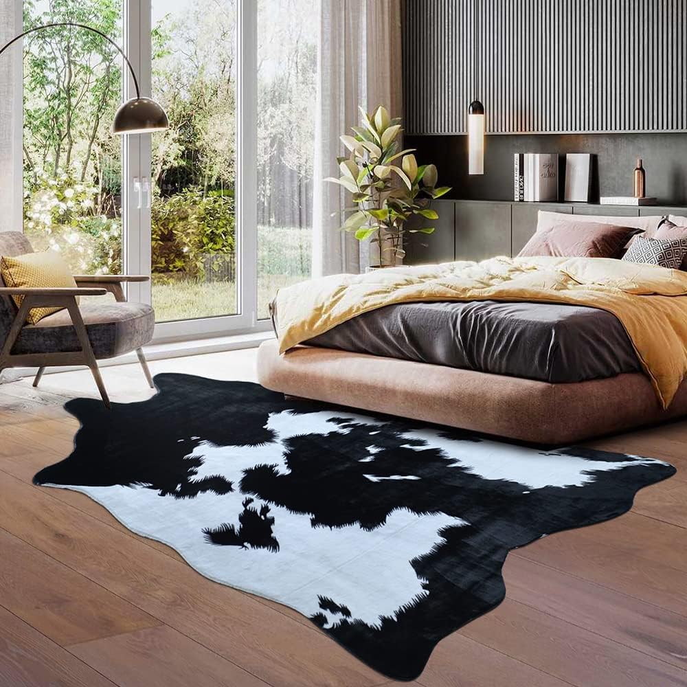 Black Faux Cowhide 8.3 ft x 6.2 ft Cow Print Faux Animal Skin Faux Fur Rug