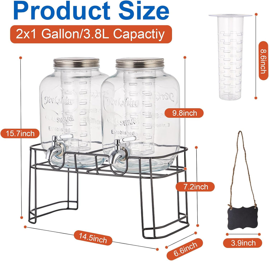 Gallon for Parties, 2 Pack Beverage Dispenser with Stand, Fruit Infuser & Leakproof Stainless Steel Spigot, Juice - Set of 2