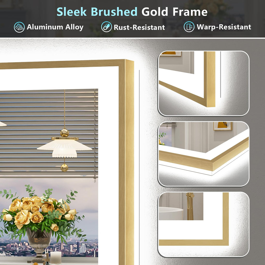 32x36 Gold LED Bathroom Mirror with Lights, Lighted Vanity Mirror