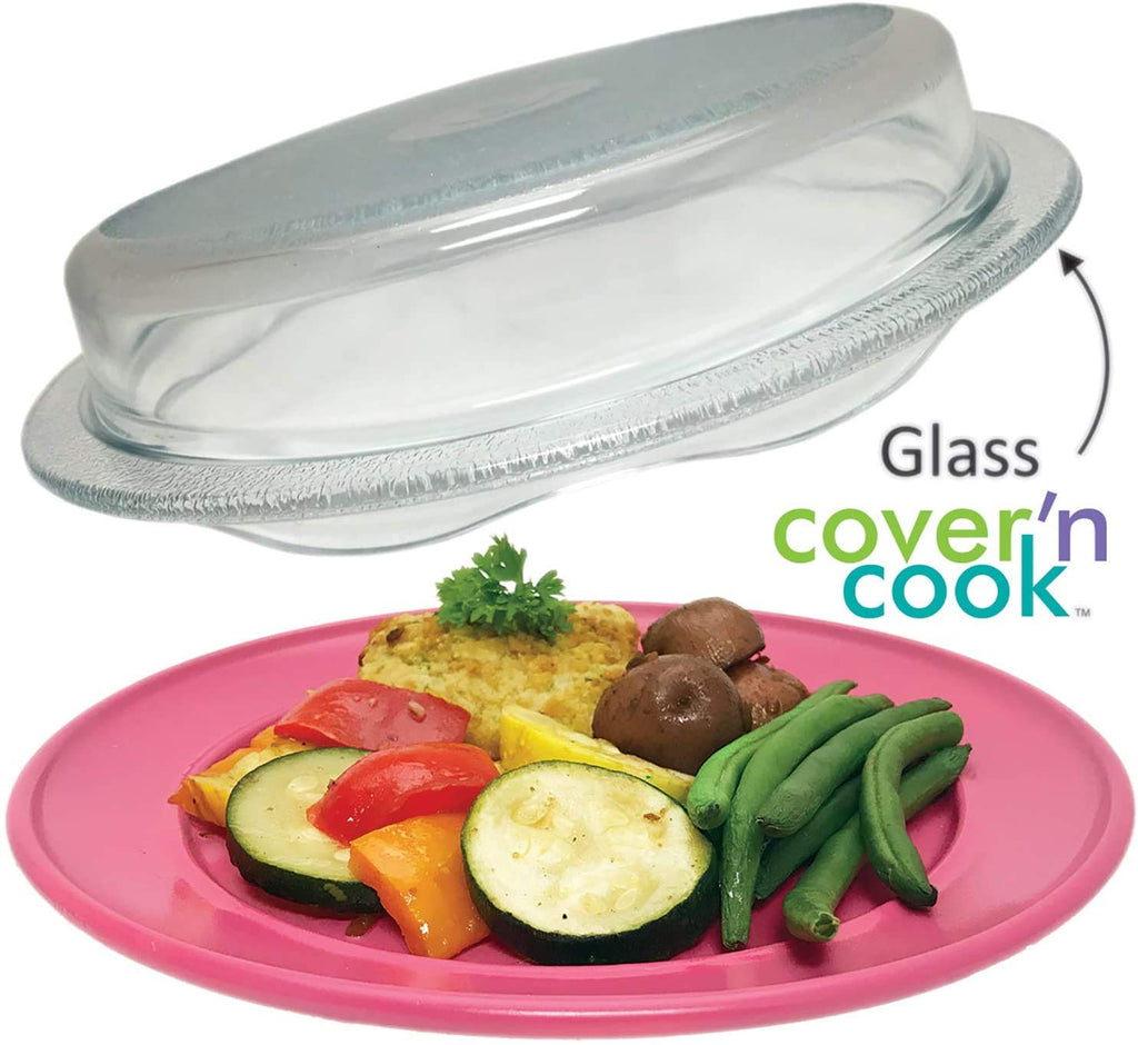 Safe 2-in-1 Cover 'n Cook Vented Glass Microwave Plate Cover and Baking Dish; Easy to Grip for Baking and Serving
