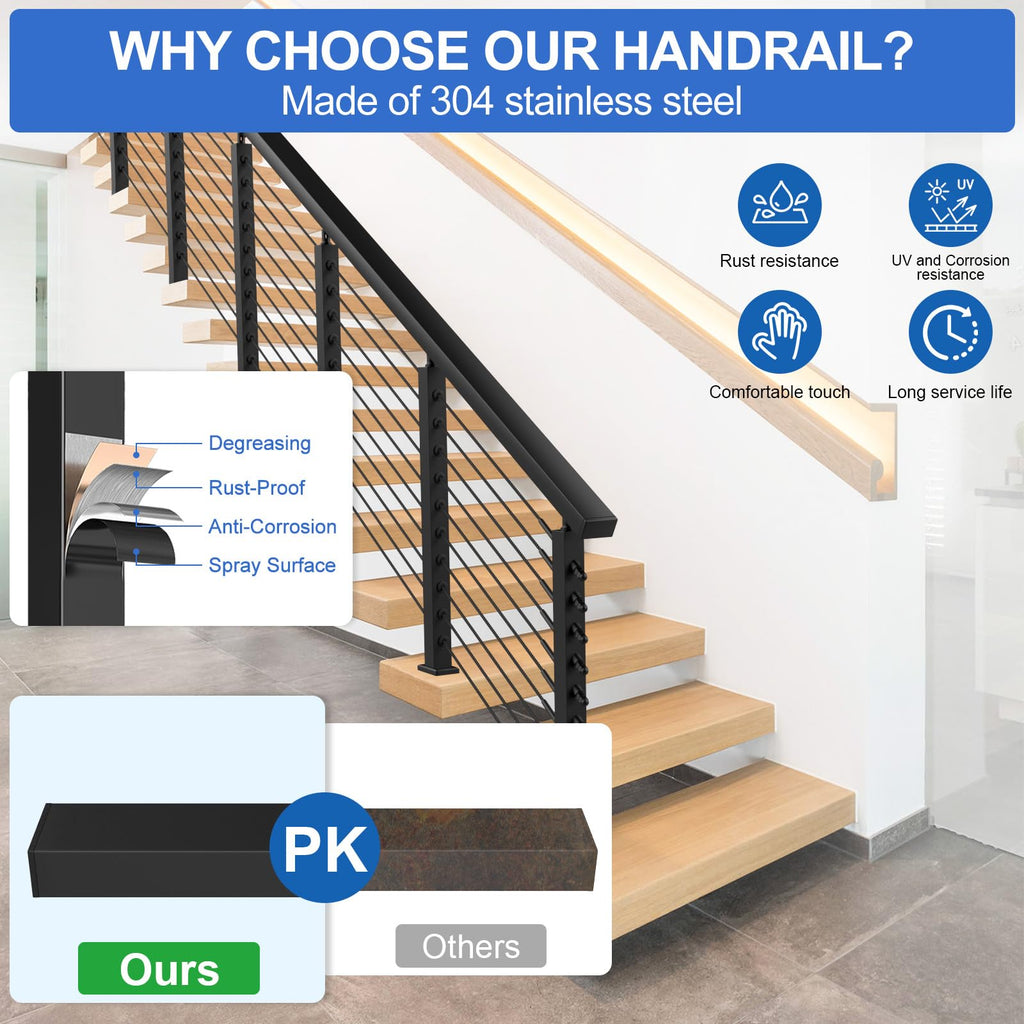10FT Stainless Steel Cable Railing Handrail, Black Rectangular Handrail for Indoor Outdoor Deck Stair Cable Railing