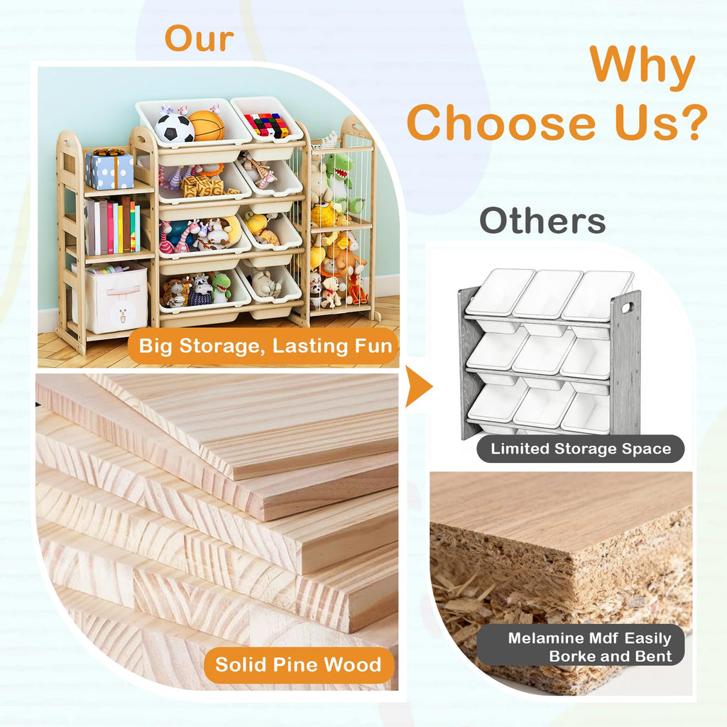 Wooden Toy Storage Organizer, Toy Organizers & Storage with Stuffed Animal Storage, Toy Storage Shelf with 3 Shelves