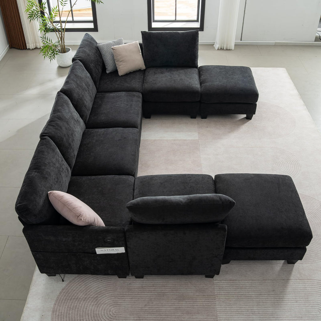 124" U-Shaped 8 Seater Sectional Couches with Storage Ottoman, Black