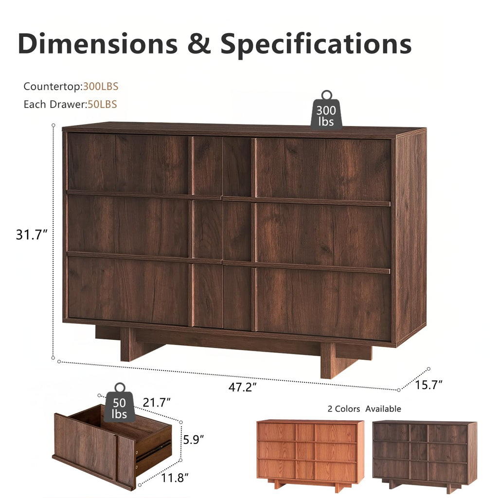 47.2" 6 Drawer Dresser, Skeleton Lines Design, Walnut