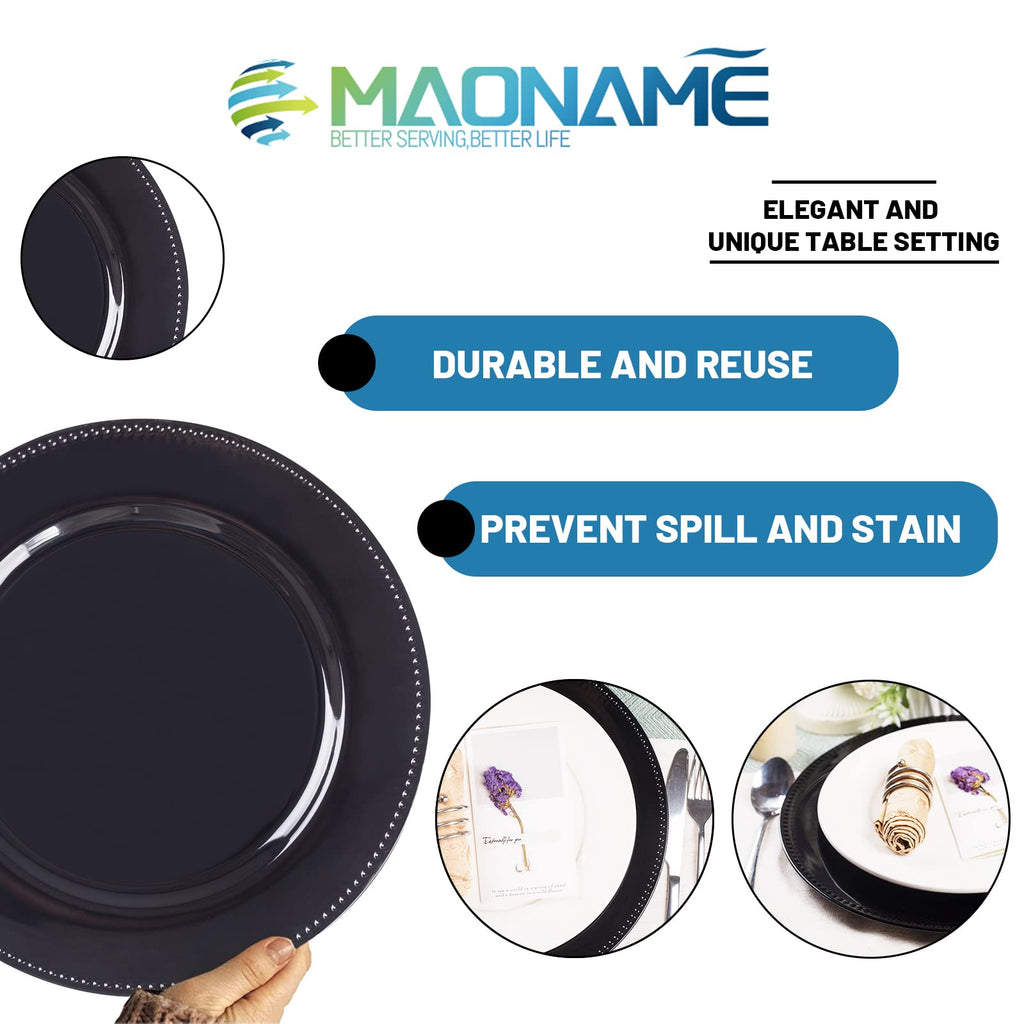 Black Charger Plates Set of 6, Round Plate Chargers with Beaded Rim