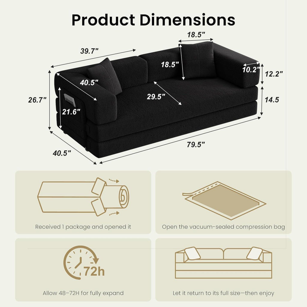79.5" Convertible Futon Sofa Bed, Boneless Couch | Corduroy Boneless Loveseat Sleeper Sofa, Modular Futon Couch with