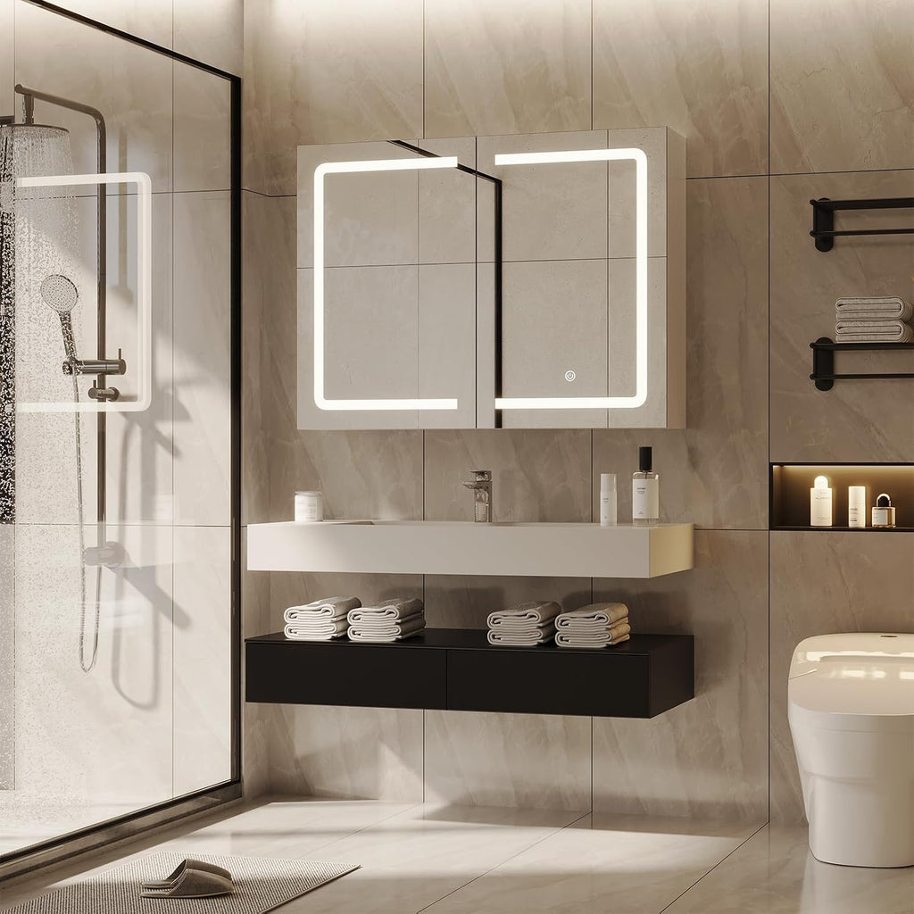 Medicine Cabinet with Mirrors and Storage 31.5''x23.6'' Wall Mounted Bathroom Mirror Cabinets with Led Lights Double