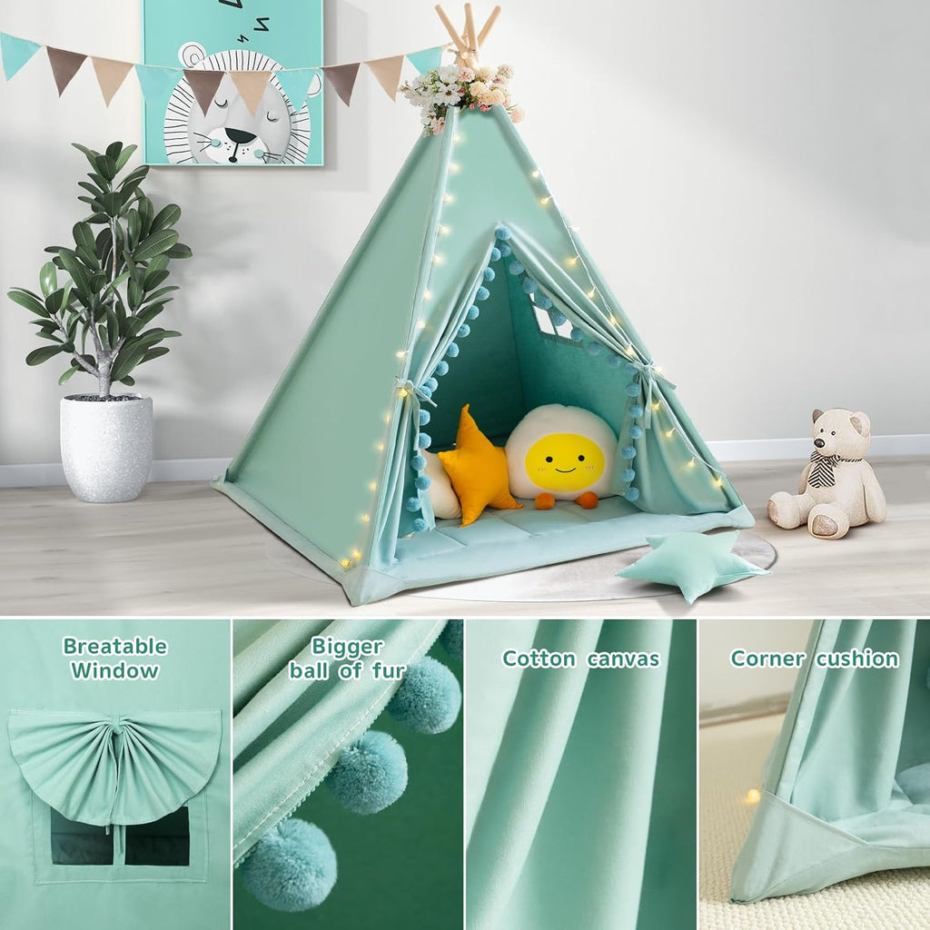Teepee Tent for Kids with Padded Mat Cotton Canvas Kids Tent with Pompom for Toddlers Indoor Play Tent for Girls Boys