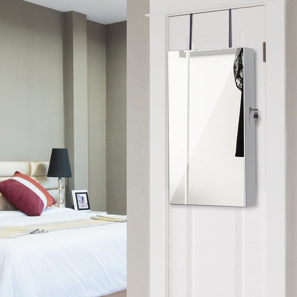 Lockable Jewelry Cabinet Armoire with Frameless Mirror - White