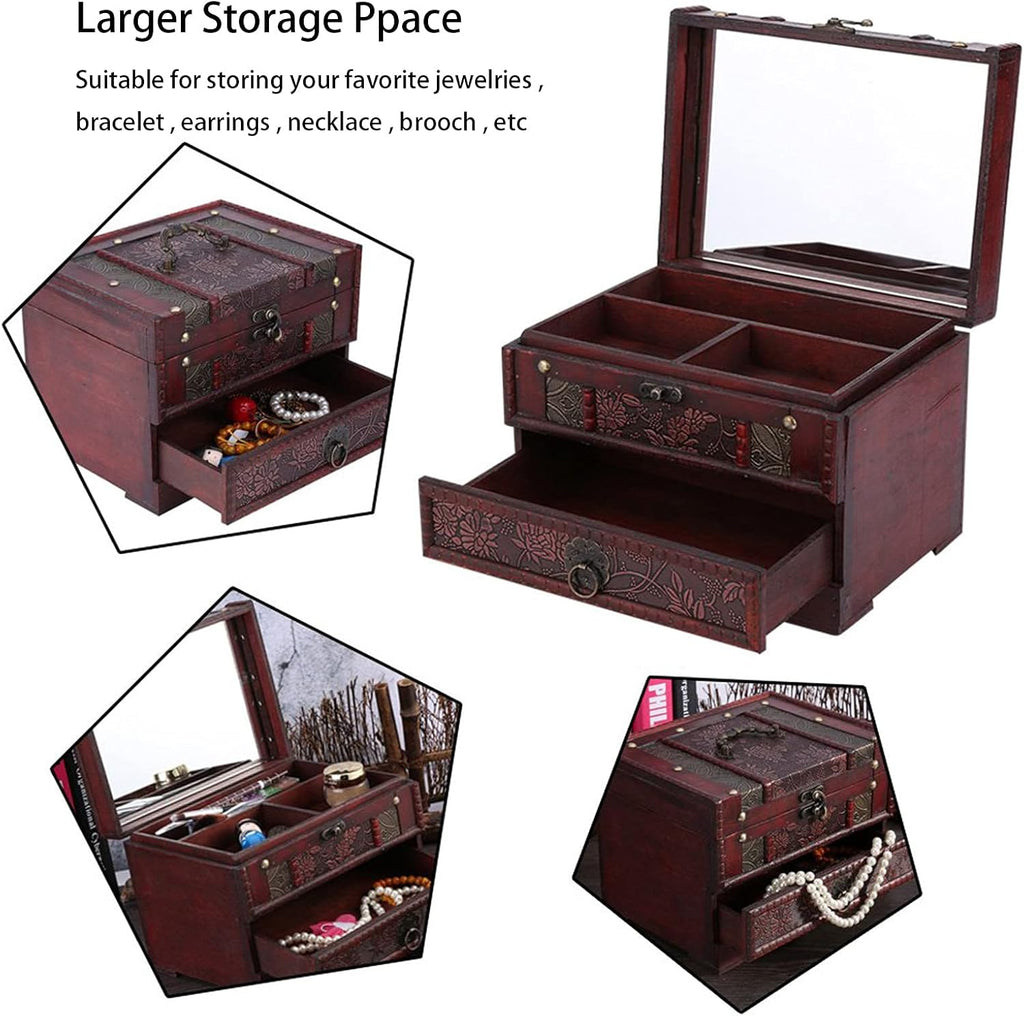Wooden Jewelry Box with Mirror Classical Wood Jewlery Storage Box