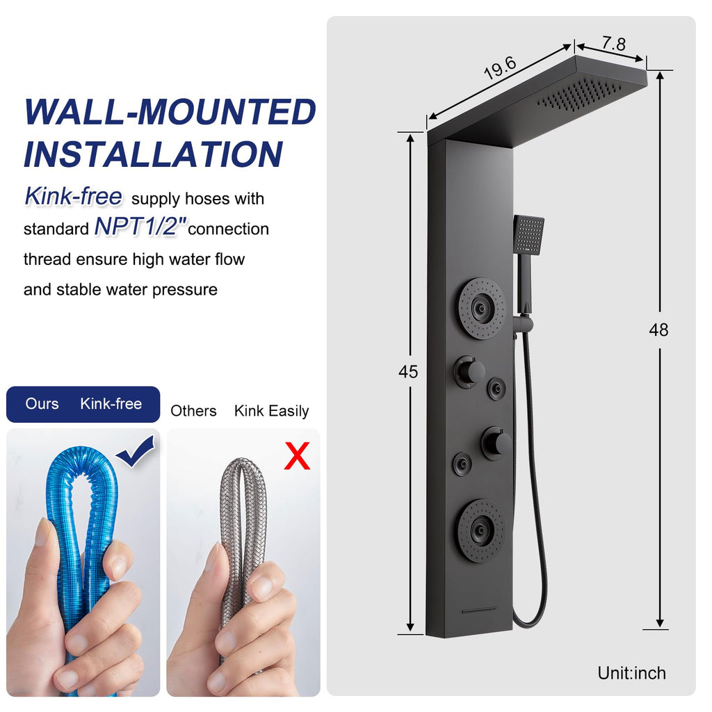 5 in 1 Rainfall Shower Panel Tower with Tub Spout, Matte Black