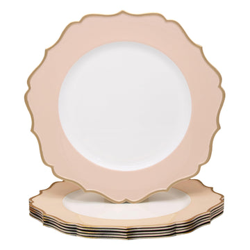 13" Scalloped Blush pink Charger Plates with Gold Rim, Set of 6 Elegant Chargers for Dinner Plates, Decorative