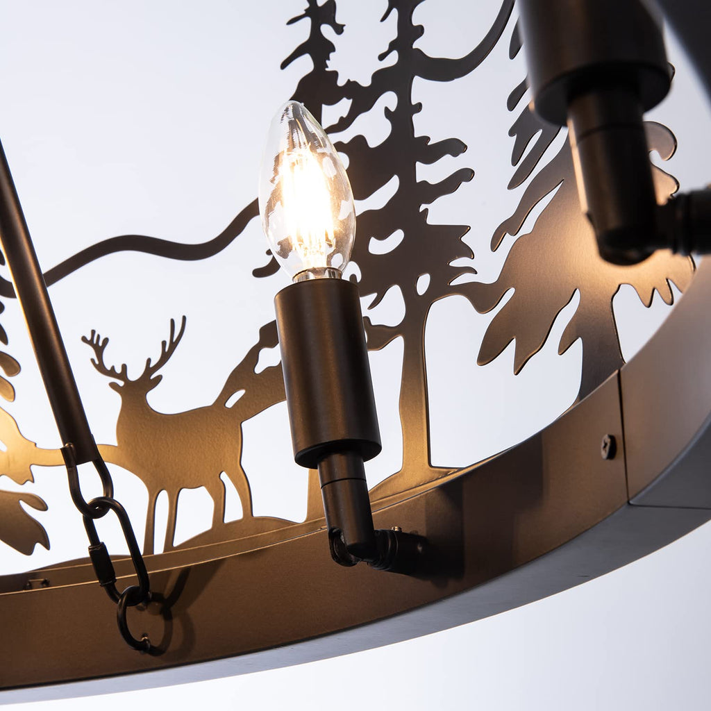 Rustic Forest Wagon Wheel Chandelier - 8-Light Black Iron with Pine Tree, Bear & Deer Silhouettes, W30" x H24"
