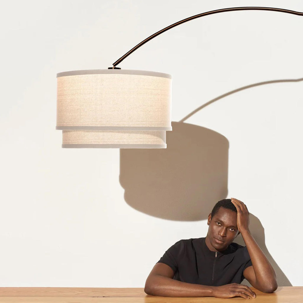 Inspired Arco Style Mason Arc Floor Lamp - Modern Corner Standing Lamp with Unique Hanging Drum Lamp Shade - Bright Overhead, Curved