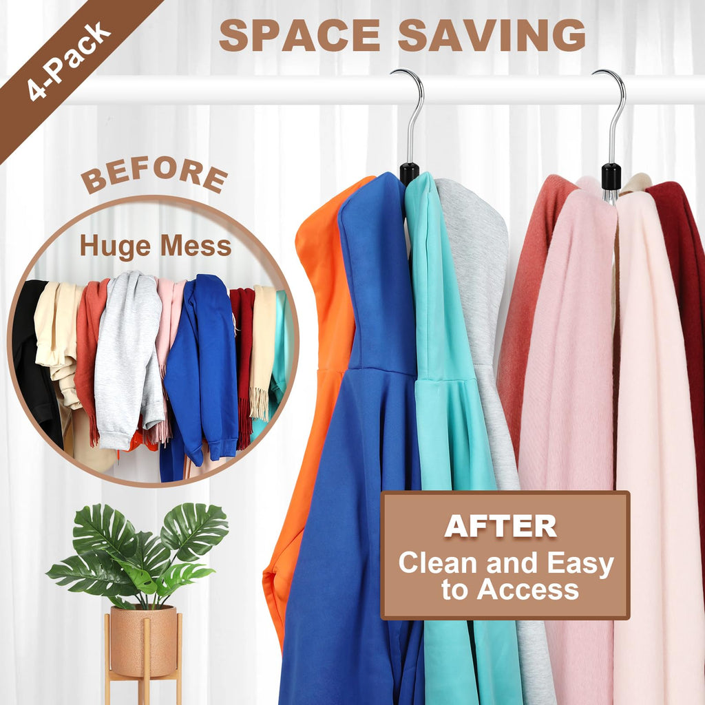 Hoodie Hangers 4-Pack with 6 Wood Balls, 360°Swivel Purse Hanger, Scarf Hanger, Closet Hooks, Handbag Organizer, Bra