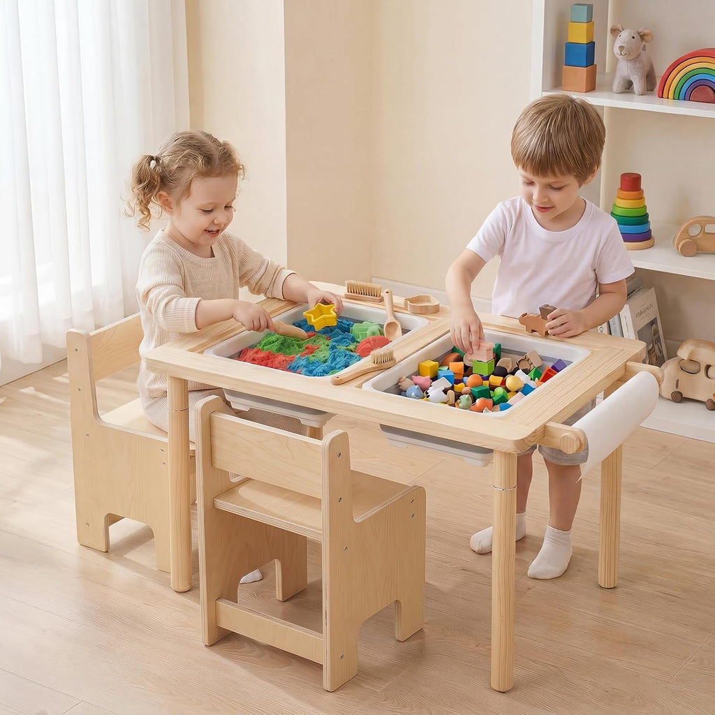 Sensory Table and Chair Set, Wooden Sand & Water Activity Set w/Adjustable Height, Dual Sided Top, 2 Bins, Paper Roll
