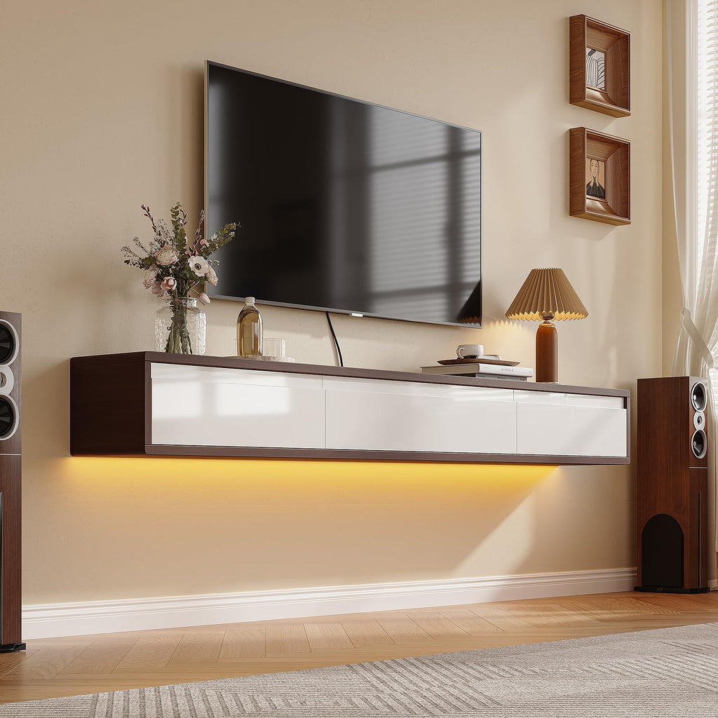 Floating High Gloss, 55'' Wall-Mounted TV Cabinet, Floating TV Console, Under TV Shelf with 3 Doors (Walnut+White)