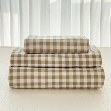 Tan Gingham King Sheet Set